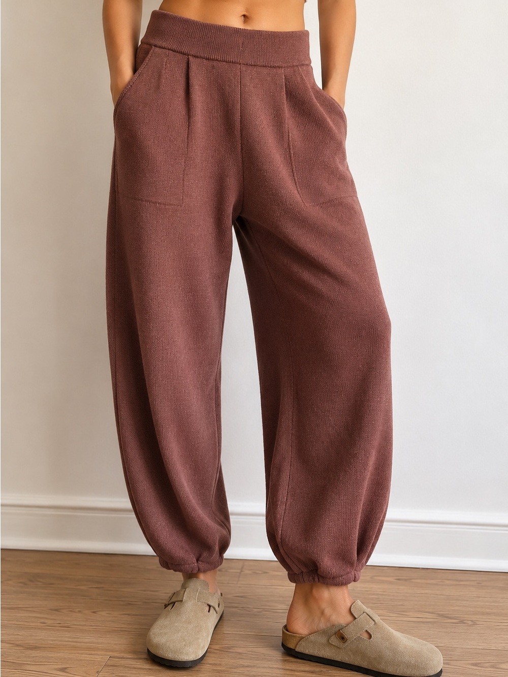 Free People Beach Freya Knit Barrel Joggers Pants in Deep Mocha - SP